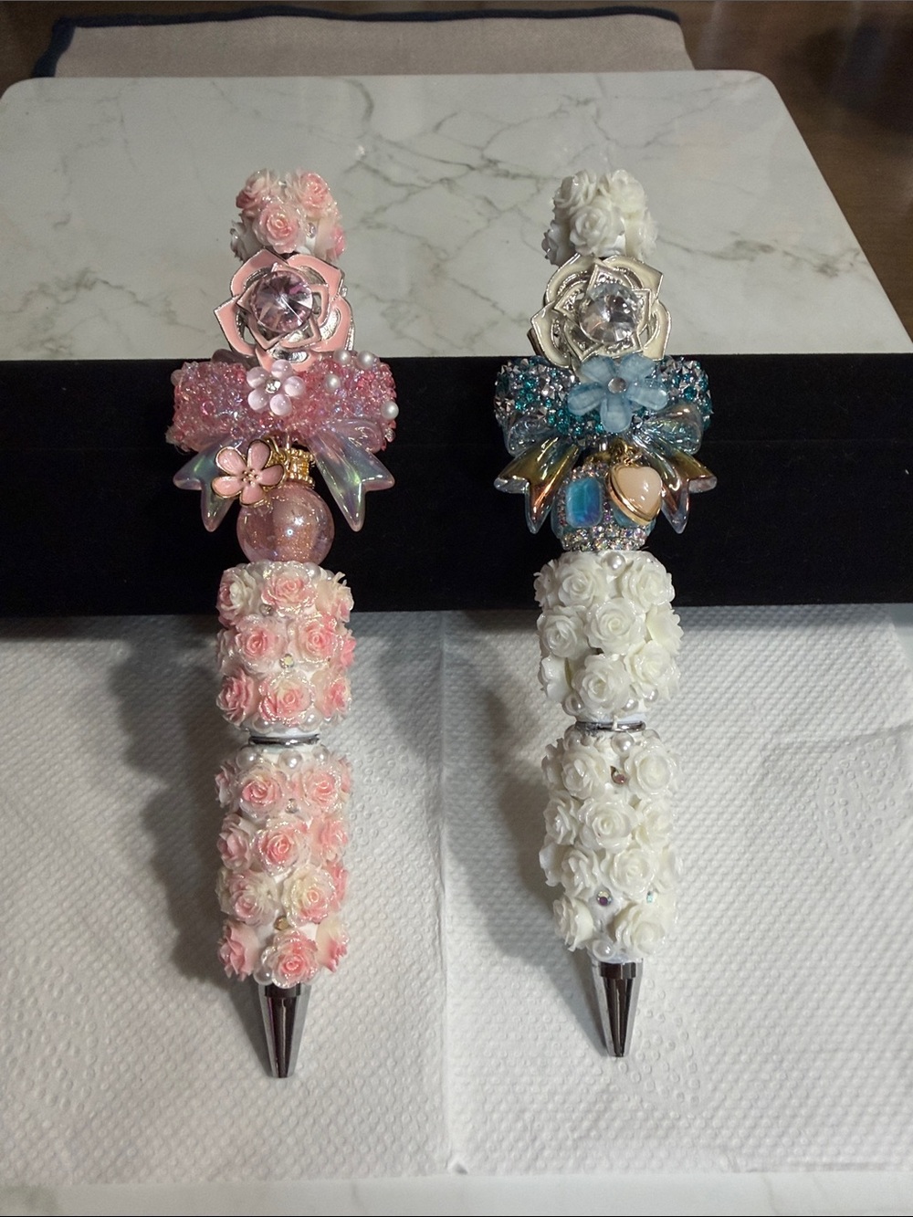 Handcrafted Floral Crystal Ballpoint Pen - Pink and White